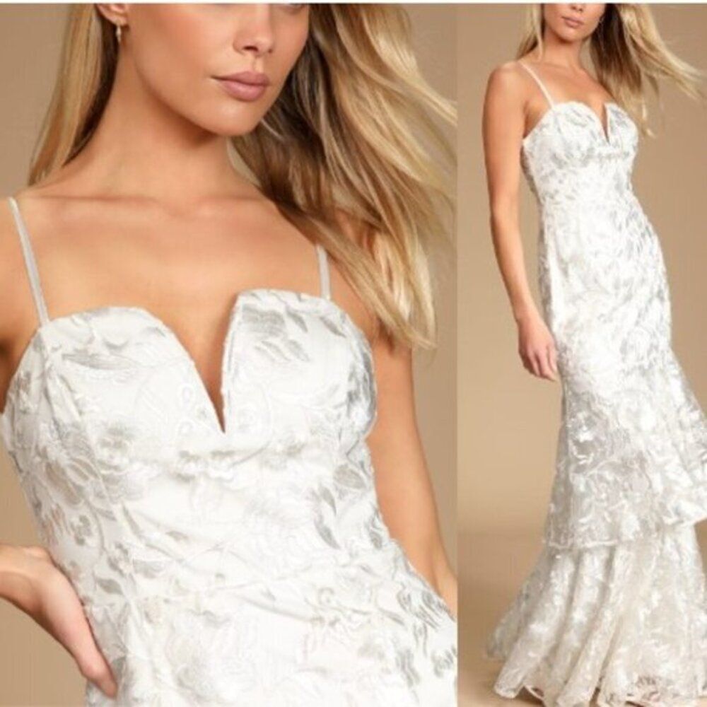 Lulus Women's‎ White Floral Embroidered Tiered Elegant Maxi Dress